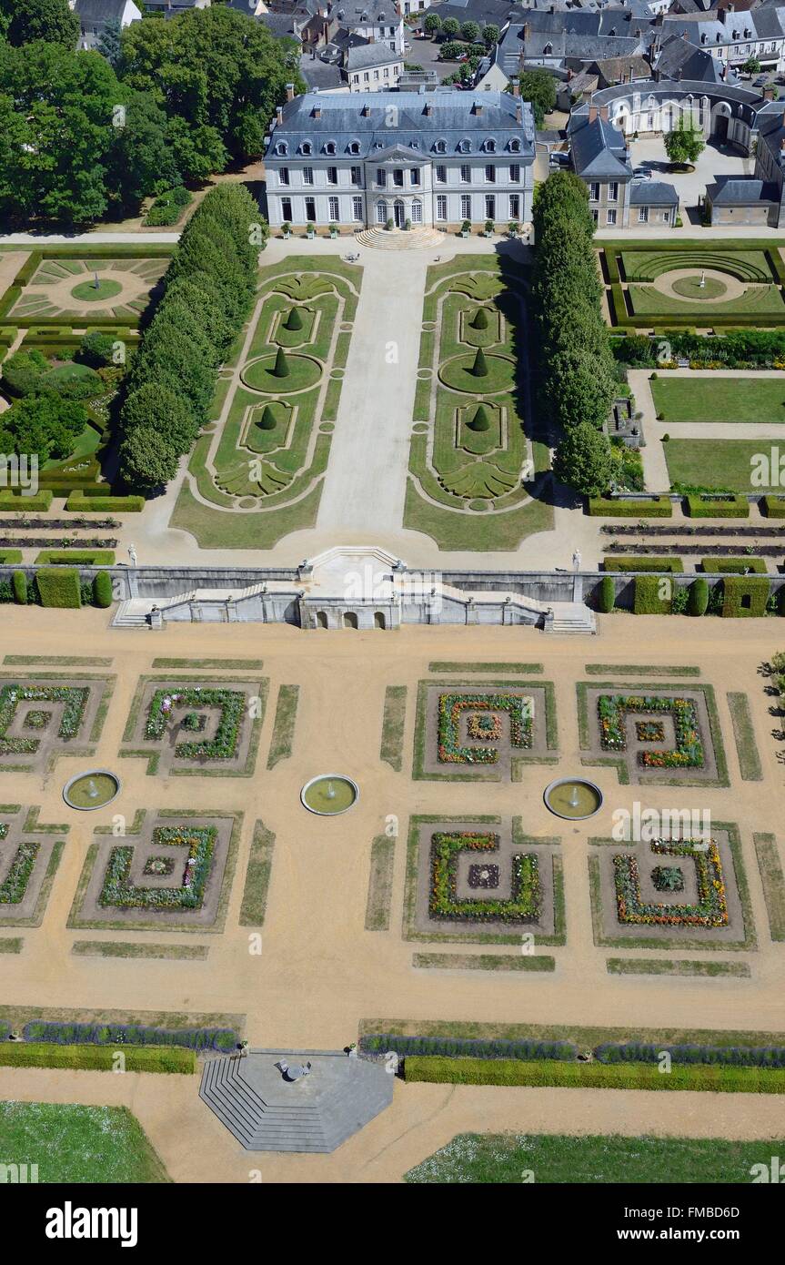 France, Sarthe, Le Grand Luce, the castle ans its gardens (aerial view) Stock Photo