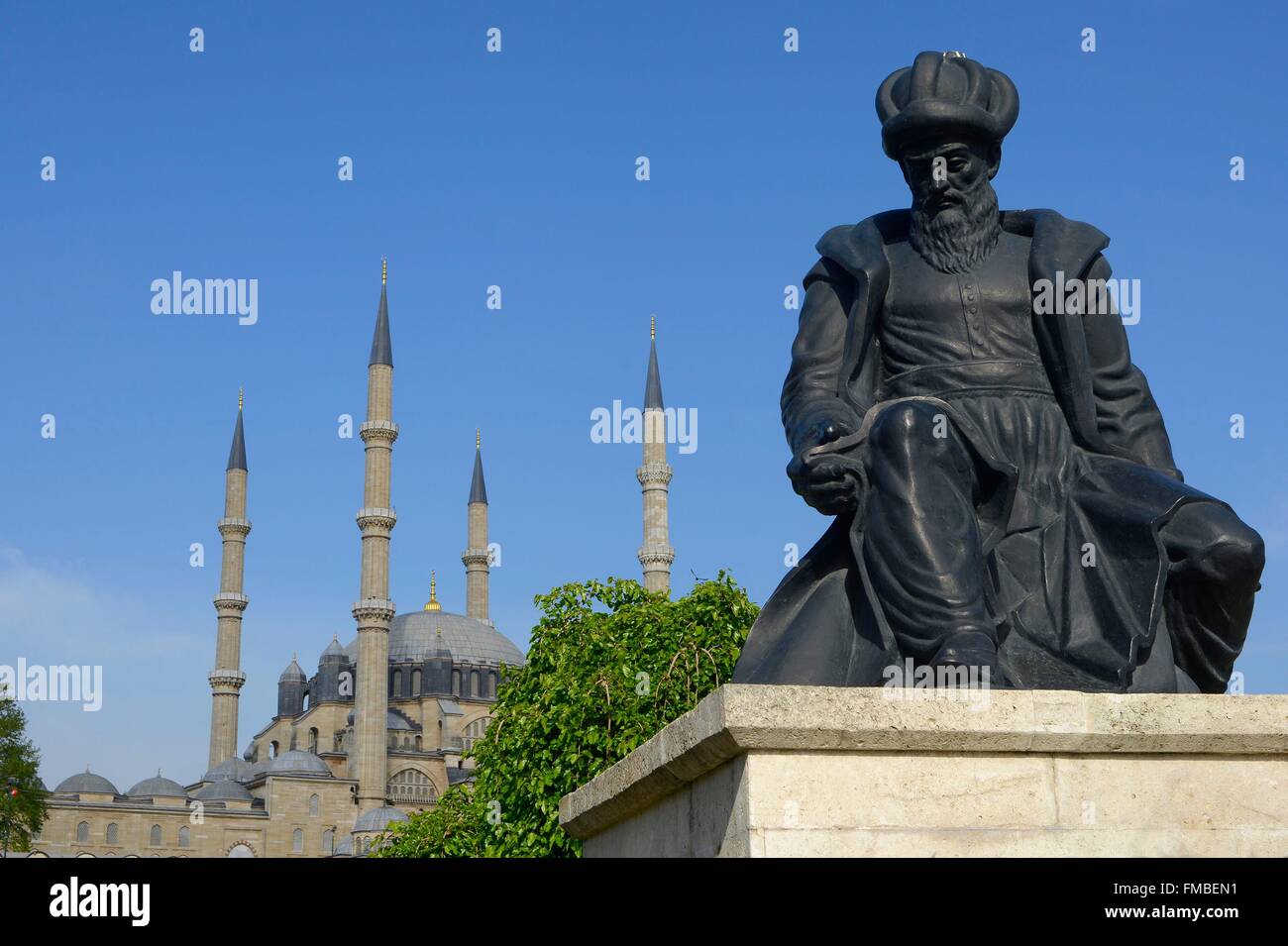 Turkey, Marmara region, Thrace, Edirne, the big mosque Selimiye listed as World Heritage by UNESCO, the statue of the architect Stock Photo