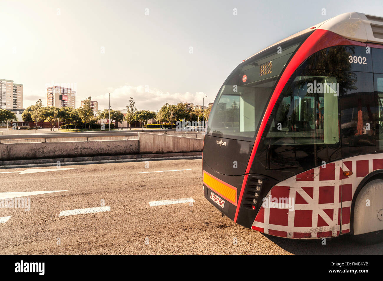 Public Bus in street Gran Via,L´Hospitalet,Catalonia,Spain. Stock Photo