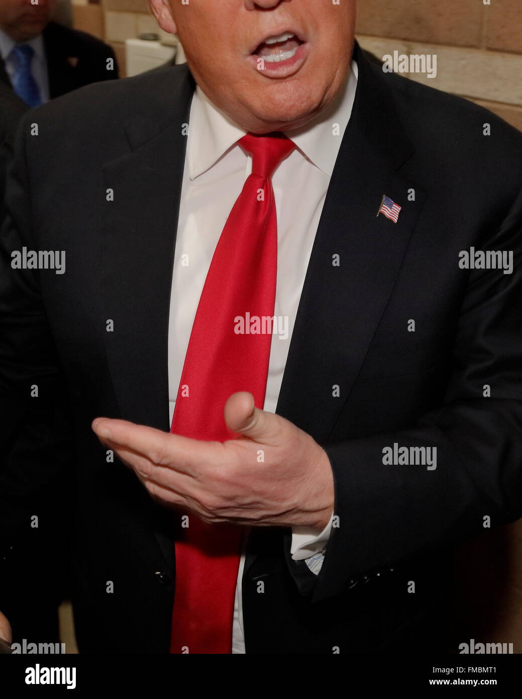 Cropped view of Donald Trump as he campaigns at Nevada Caucus polling station, Palos Verde Highschool, NV Stock Photo