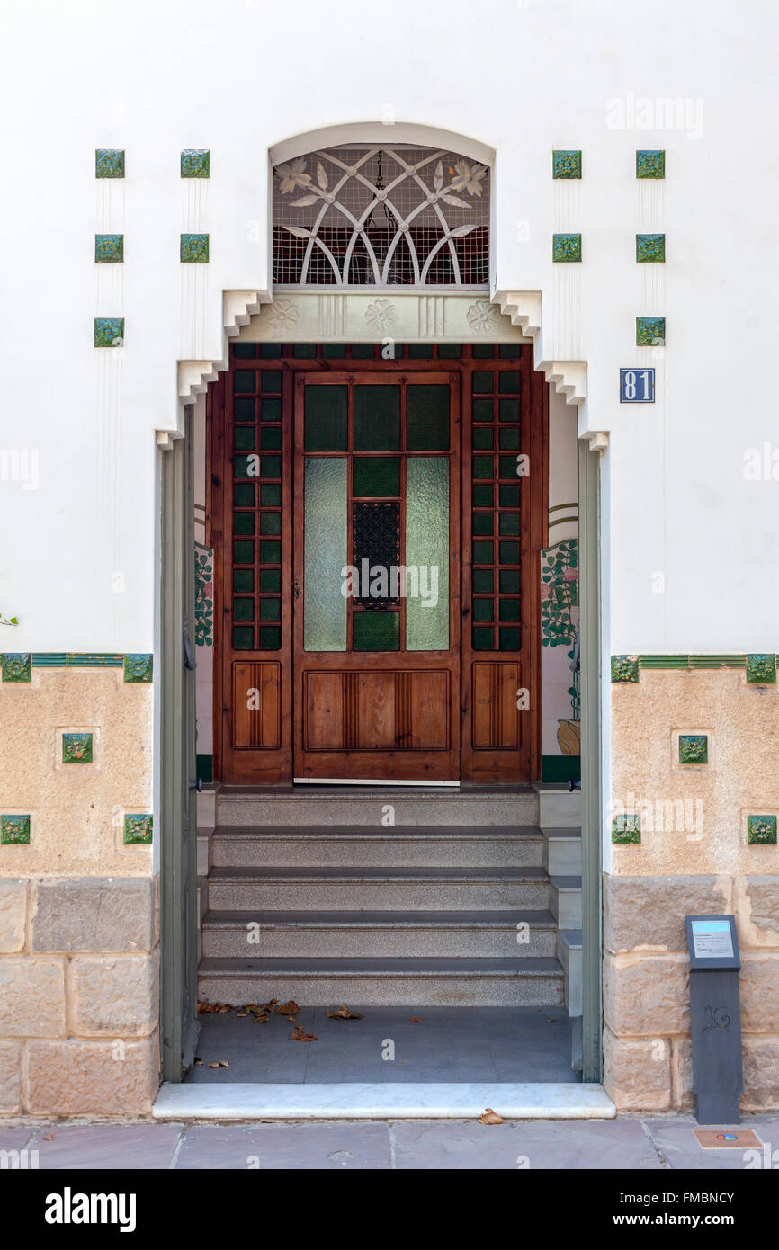 Door entrance,modernist style building,La Garriga,Catalonia,Spain. Stock Photo