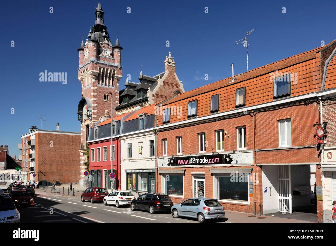 France, Nord, Loos, Marshal Foch Street, City Hotel belfry built in 1880 in neo flemish style and listed as world heritage by Stock Photo