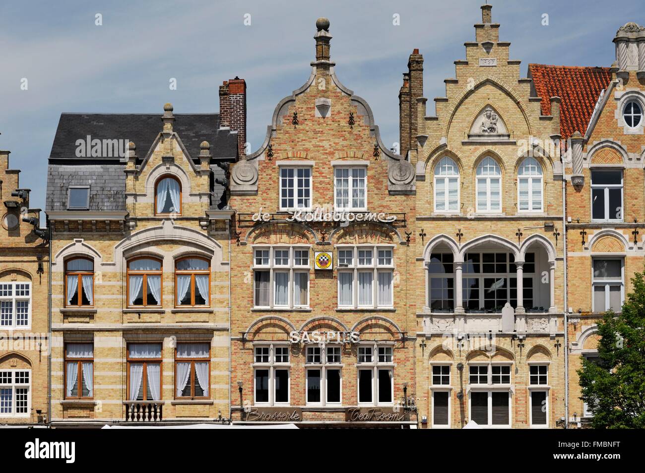 Belgium, West Flanders, Ypres or Ieper, facades of historic houses around the Grand Place Stock Photo