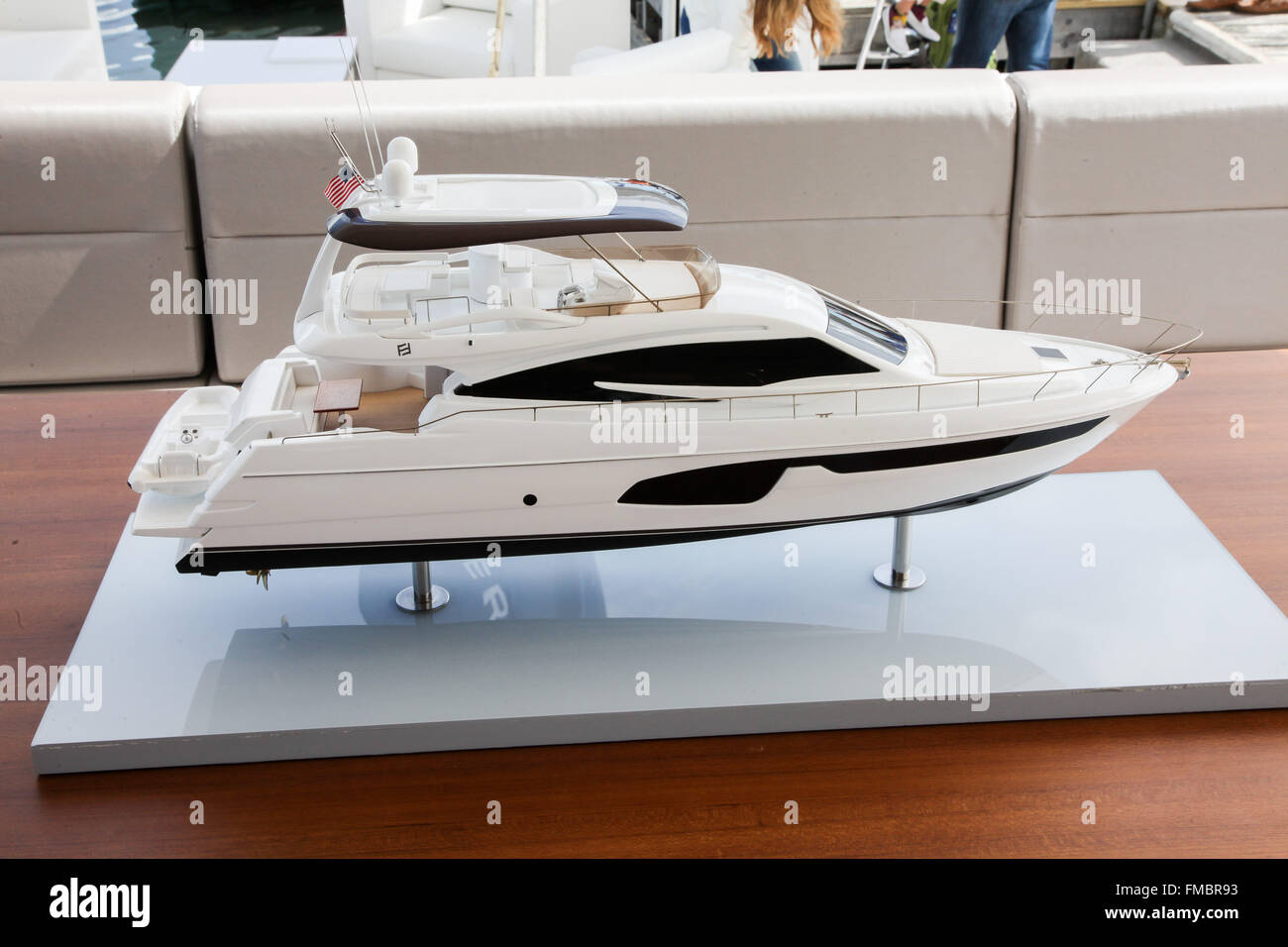 Ferretti yacht 690 model seen at Norwalk boat show. Stock Photo