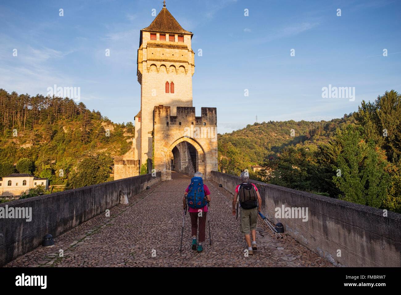 France, Lot, Bas-Quercy, Cahors, XIVth century Valentre bridge Stock Photo