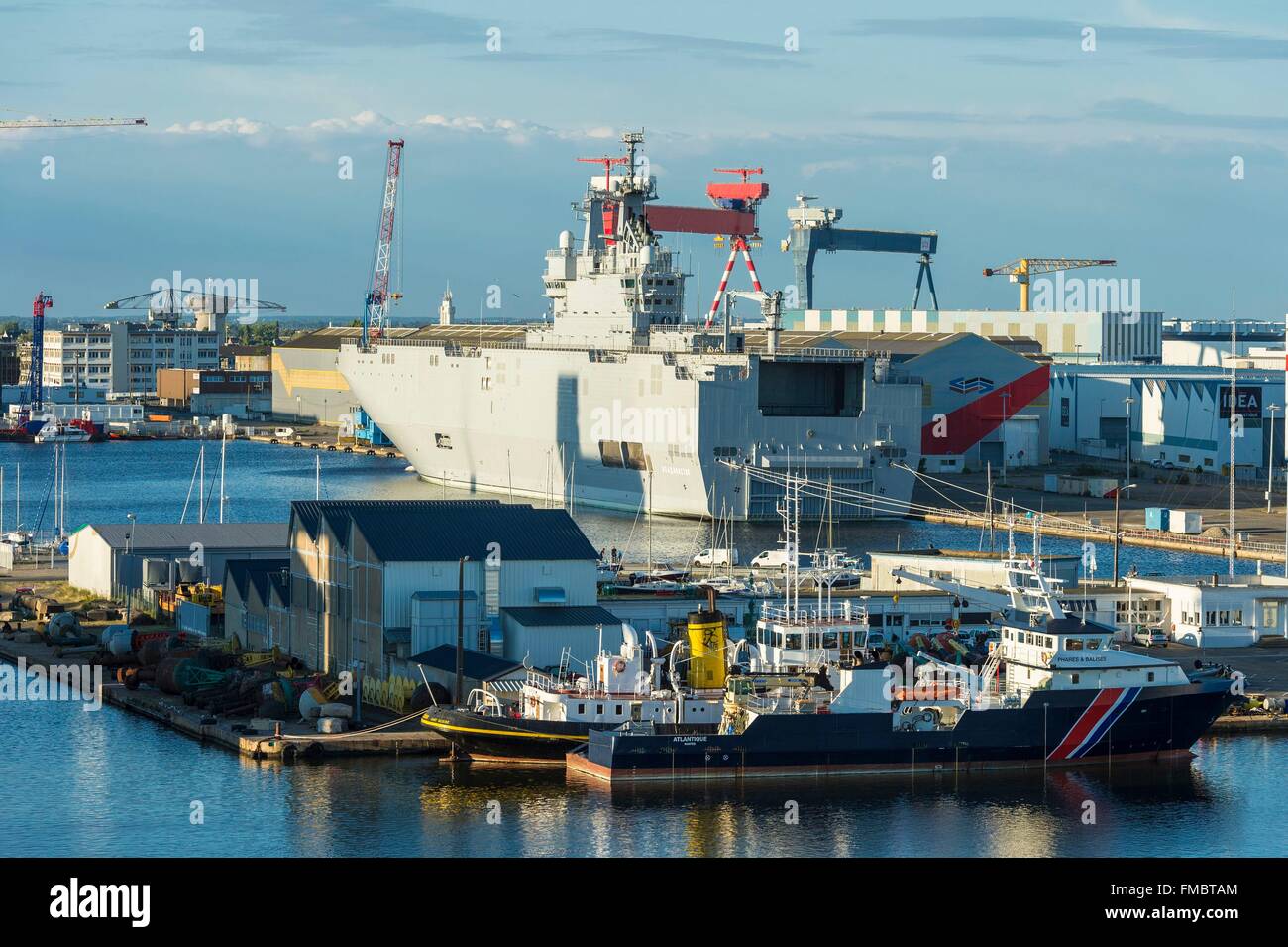 France, Loire Atlantique, Saint-Nazaire, panorama from the roof of the submarine base, view over the Mistral frigates, Stock Photo