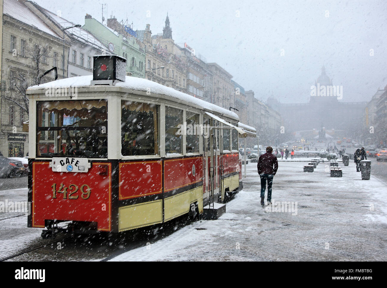 Retired tram wagon converted into a café, at Wenceslas square (Vaclavske Namesti), Prague, Czech Republic. Stock Photo