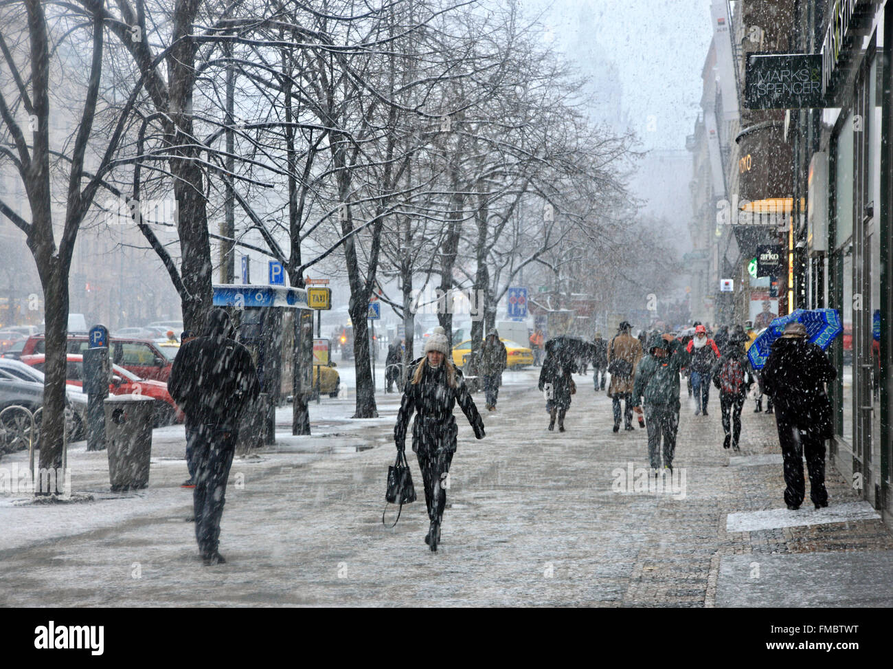 Snowing on Wenceslas square (Vaclavske Namesti), Nove Mesto ('new town'), Prague, Czech Republic Stock Photo