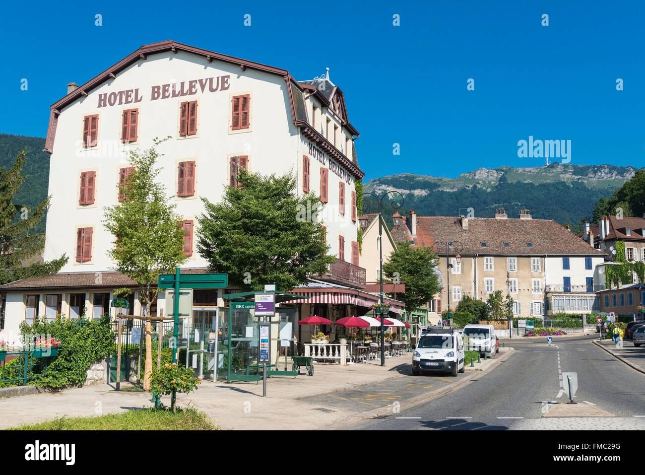 France, Ain, Pays de Gex, city of Gex, avenue de la Gare, Bellevue hotel restaurant Stock Photo