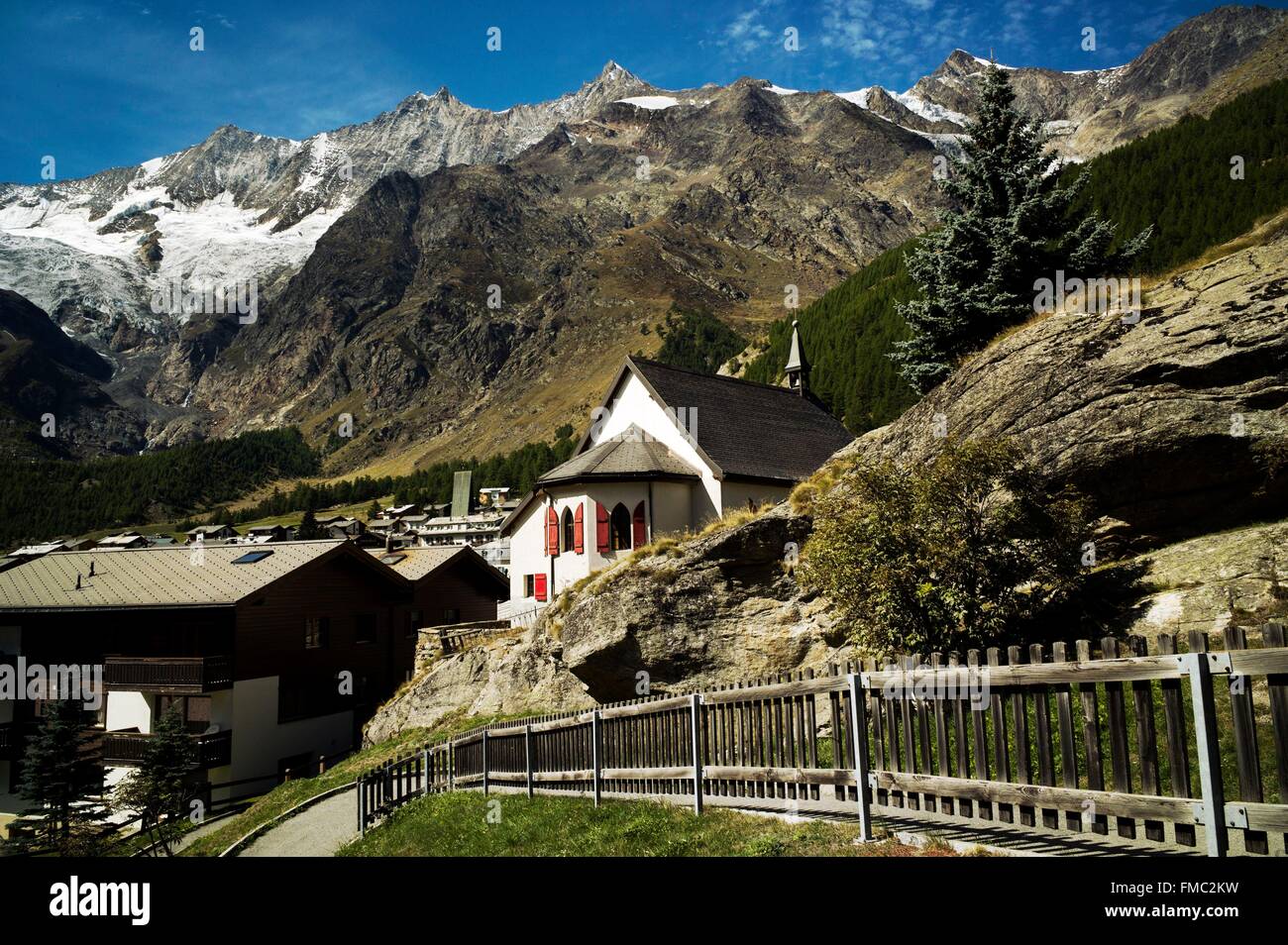 Switzerland, Canton of Valais, Saas Valley, Saas-Fee, 1800 m, reformed Church Stock Photo