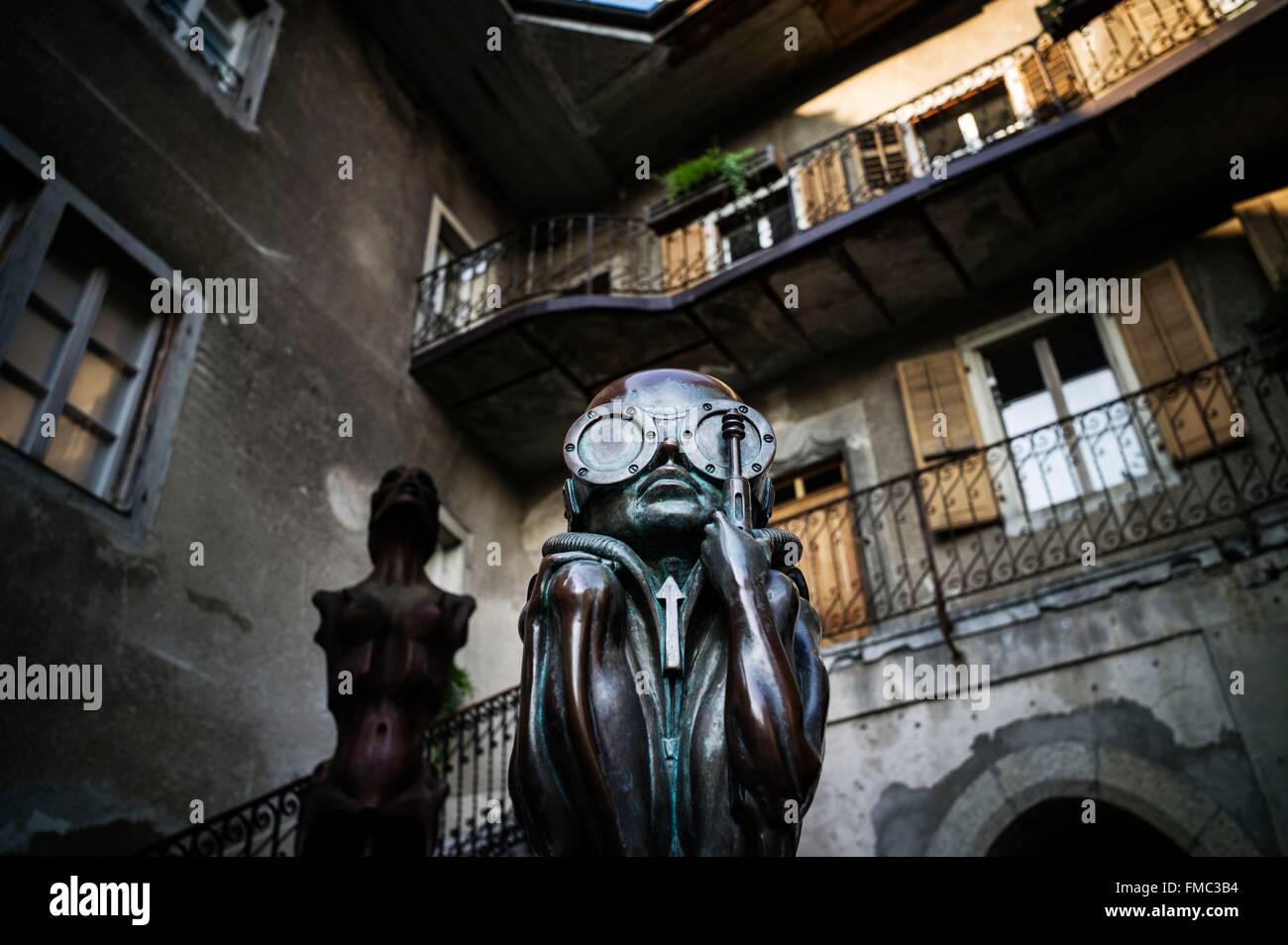 Switzerland, Canton of Fribourg, Gruyeres, medieval city, HR Giger Museum. Hans Ruedi Giger, a Swiss artist designer of the Stock Photo