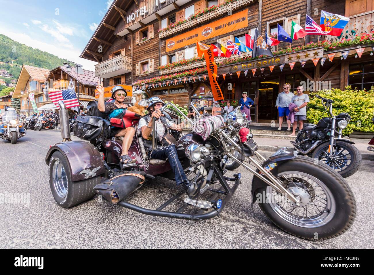 France, Haute-Savoie, Morzine, the valley of Aulps, ski slopes of the Portes du Soleil, the Morzine Harley Days with his its Stock Photo