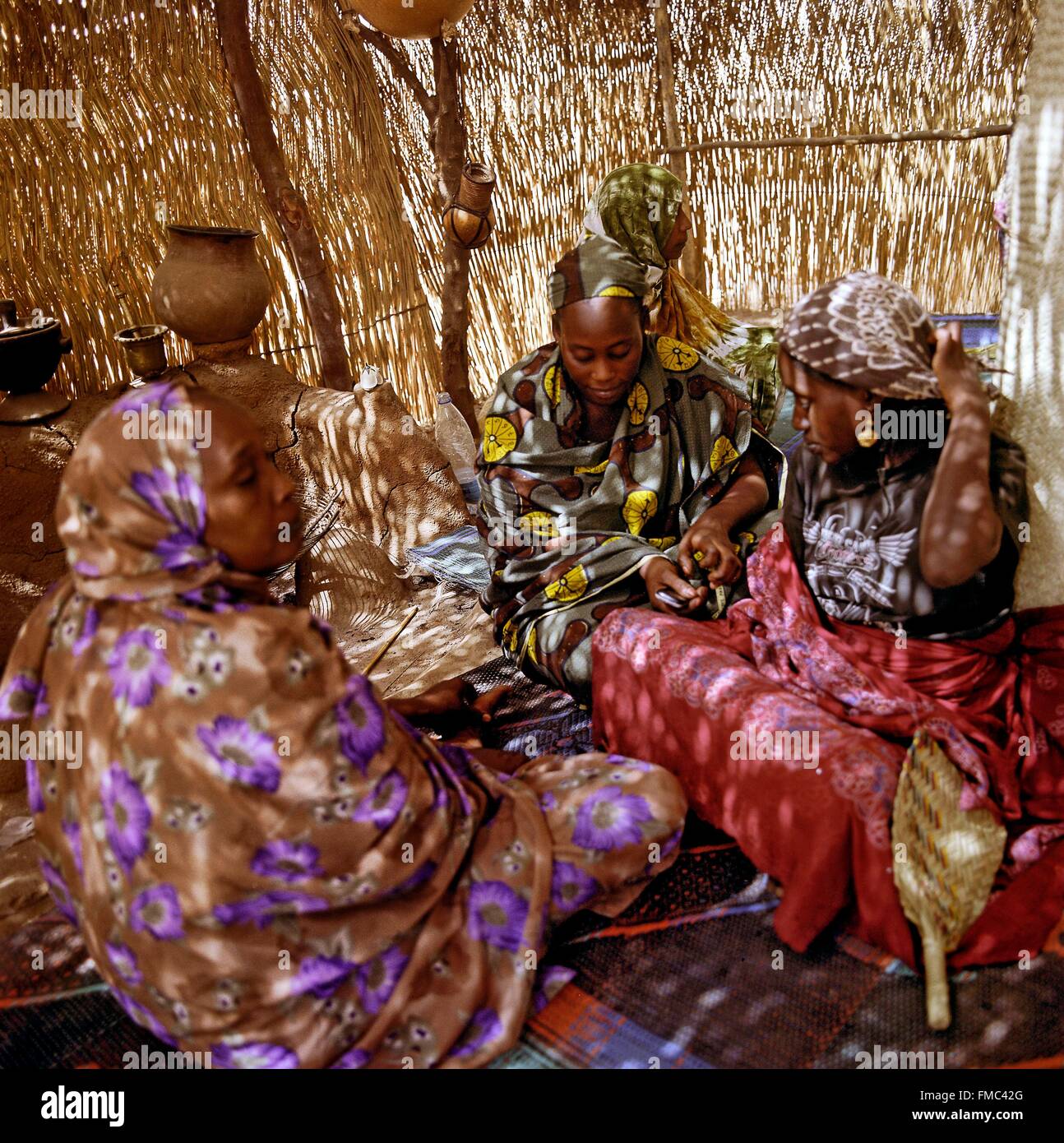 Cameroon, Far North, Maroua, national festival of the arts and culture, Arab Choas womens, traditional hut Stock Photo