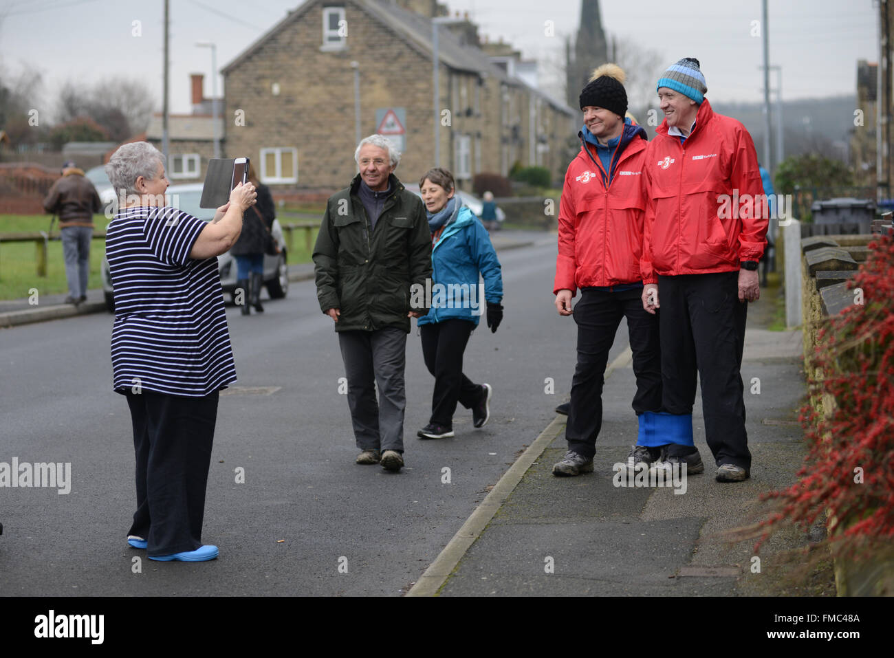 BBC Look North presenter Harry Gration (right) and weatherman Paul Hudson are shown passing through Barnsley, South Yorkshire. Stock Photo