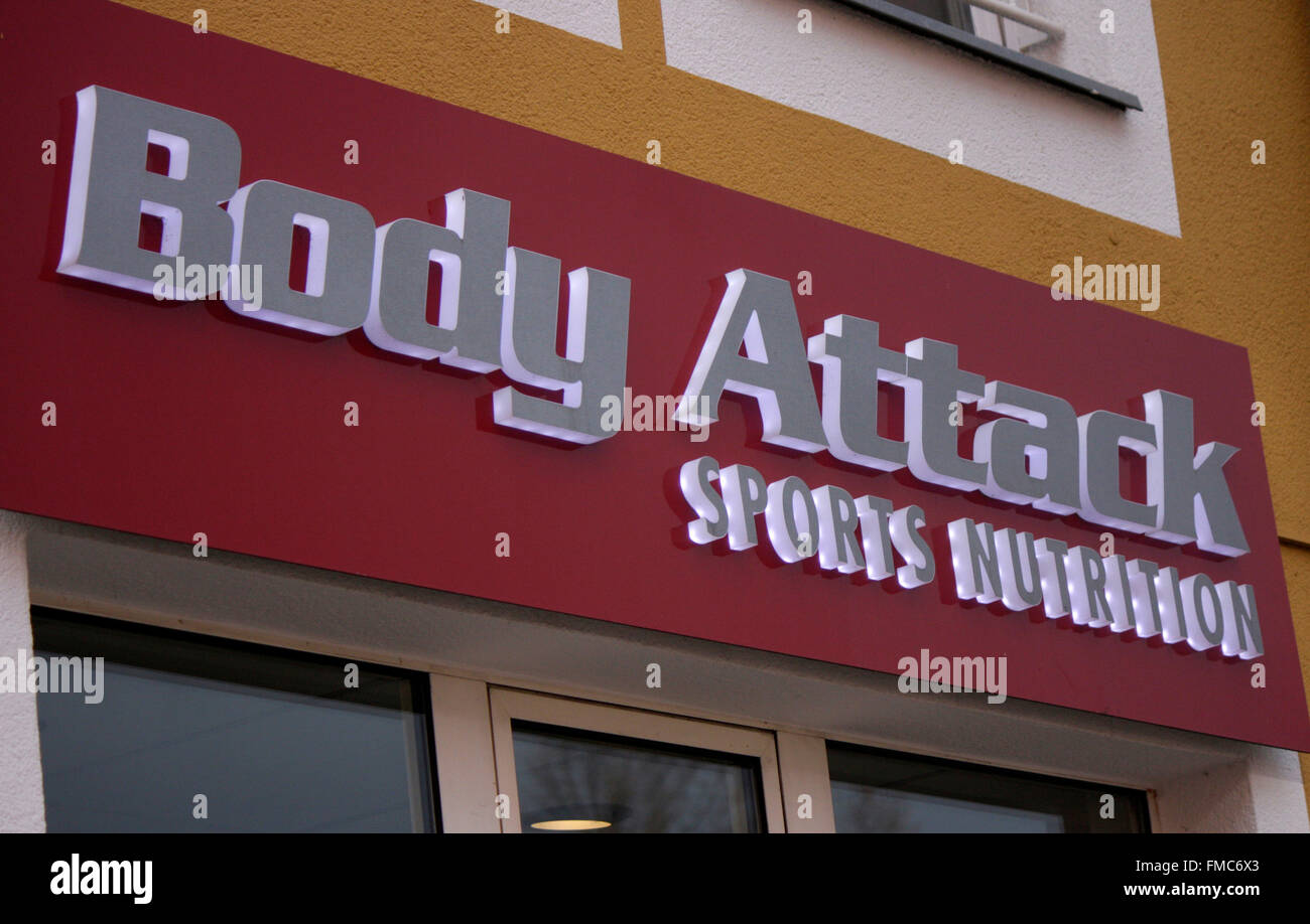 Markenname: 'Body Attack Sports Nutrition', Berlin. Stock Photo