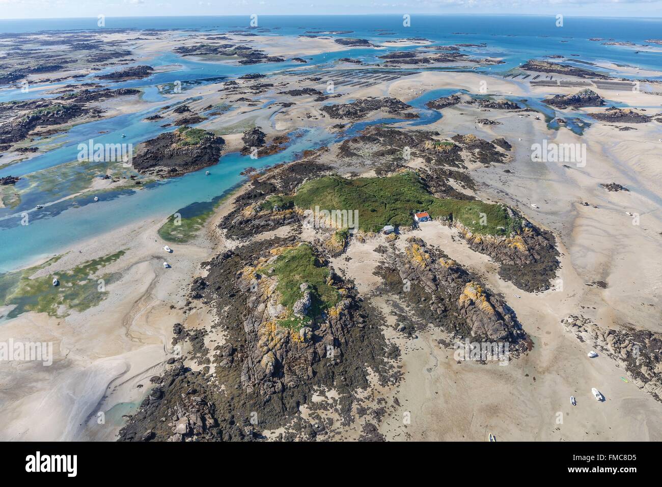 France, Manche, Chausey islands at low tide (aerial view) Stock Photo