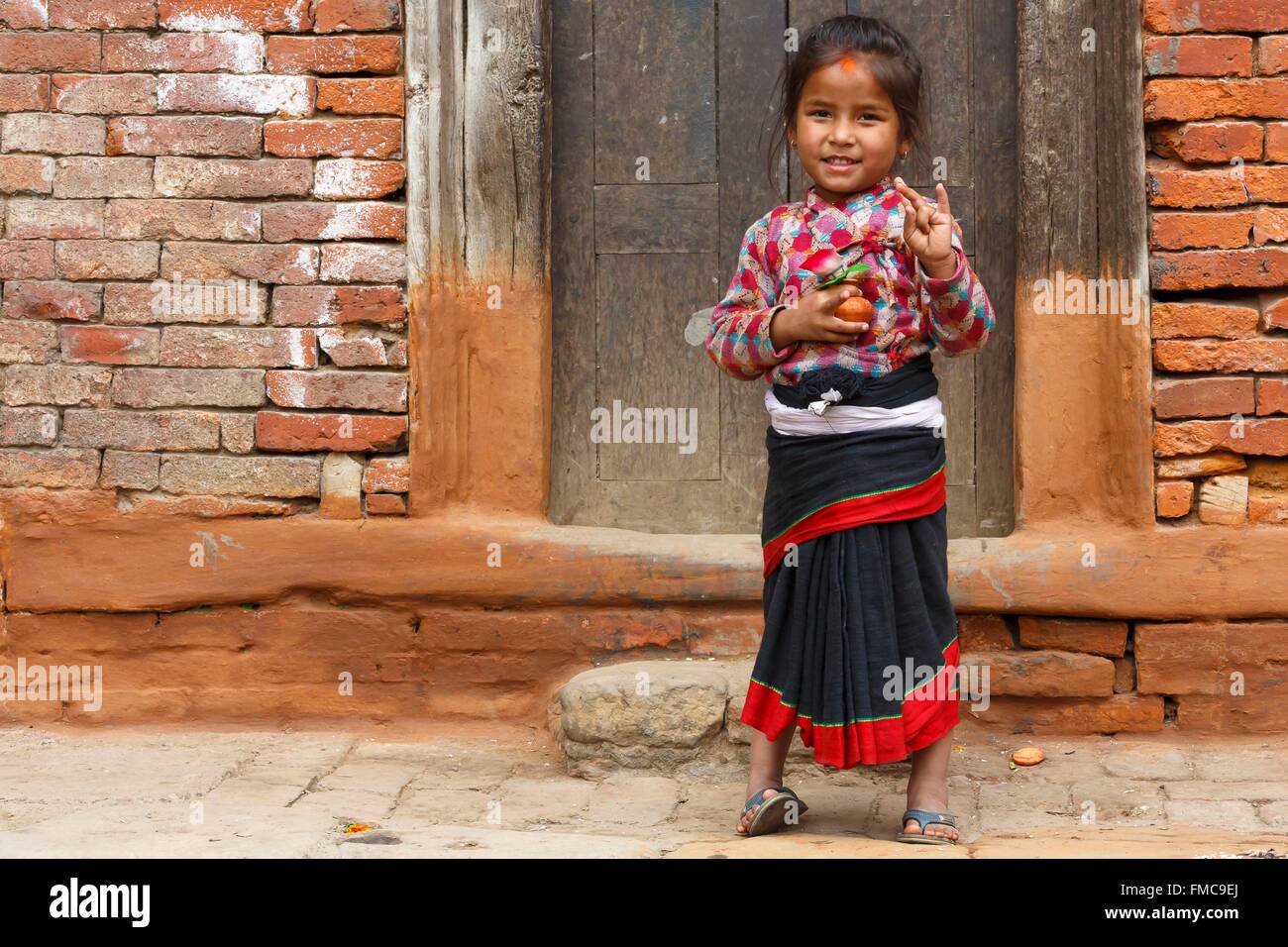 Nepal, Bagmati zone, Bhaktapur, newari dressed girl portrait Stock Photo