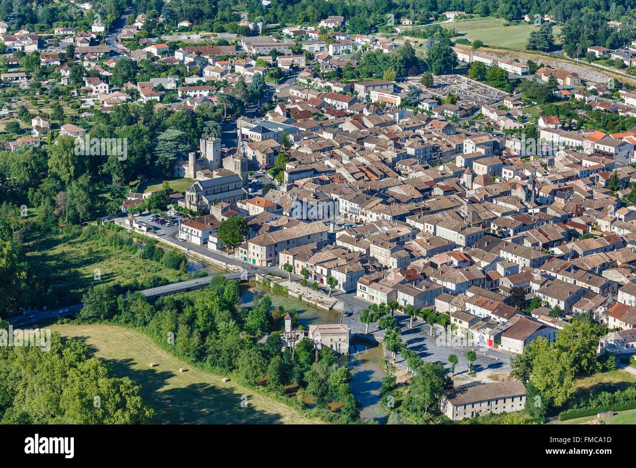 France, Dordogne, Eymet, the walled town (aerial view) Stock Photo