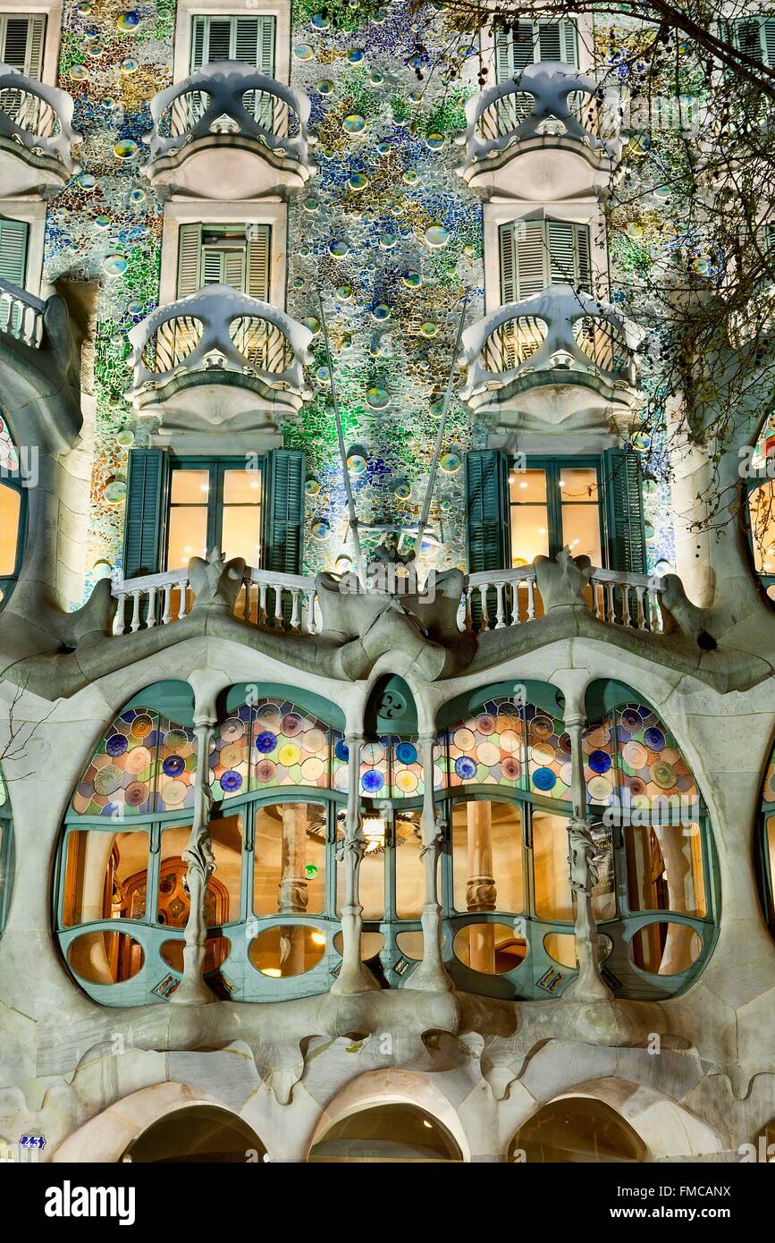 Spain, Catalonia, Barcelona, Passeig de Gracia, facade of the Casa Batllo by the architect Antoni Gaudi, listed as World Stock Photo