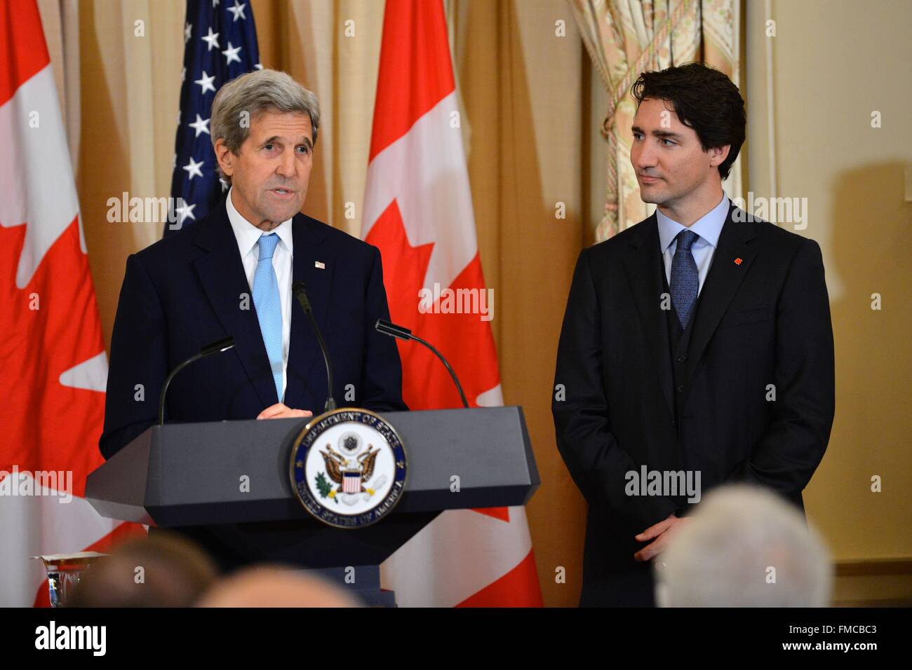 U.S. Secretary of State John Kerry during remarks welcoming Canadian Prime Minister Justin Trudeau and First Lady Sophie Gregoire Trudeau to the State Department for a State Luncheon in their honor March 10, 2016 in Washington, DC. This is the first state visit by a Canadian Prime Minister in 20-years. Stock Photo