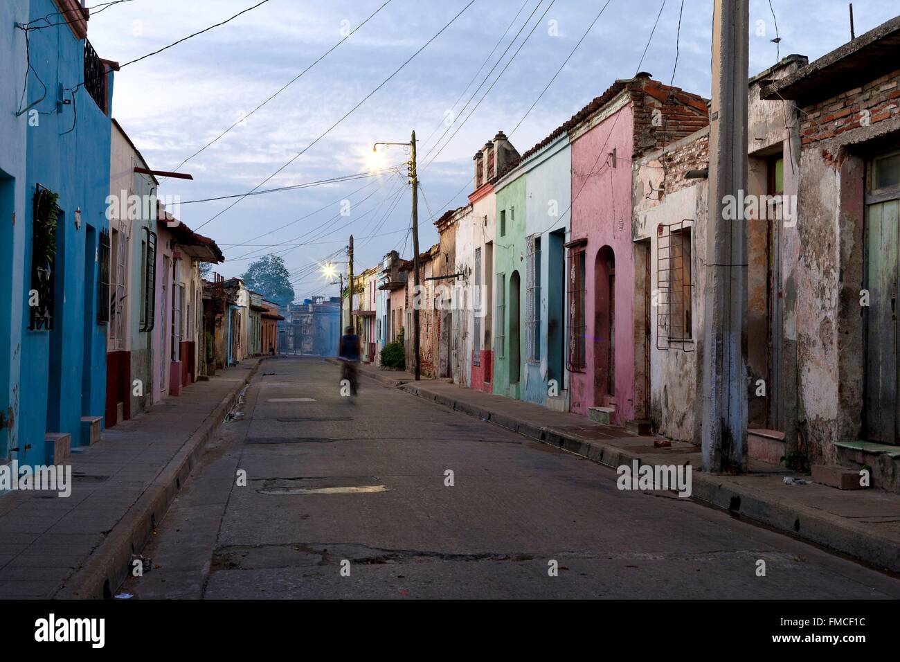 Cuba, Camaguey, listed as World Heritage by UNESCO, Typical streets at dawn Stock Photo