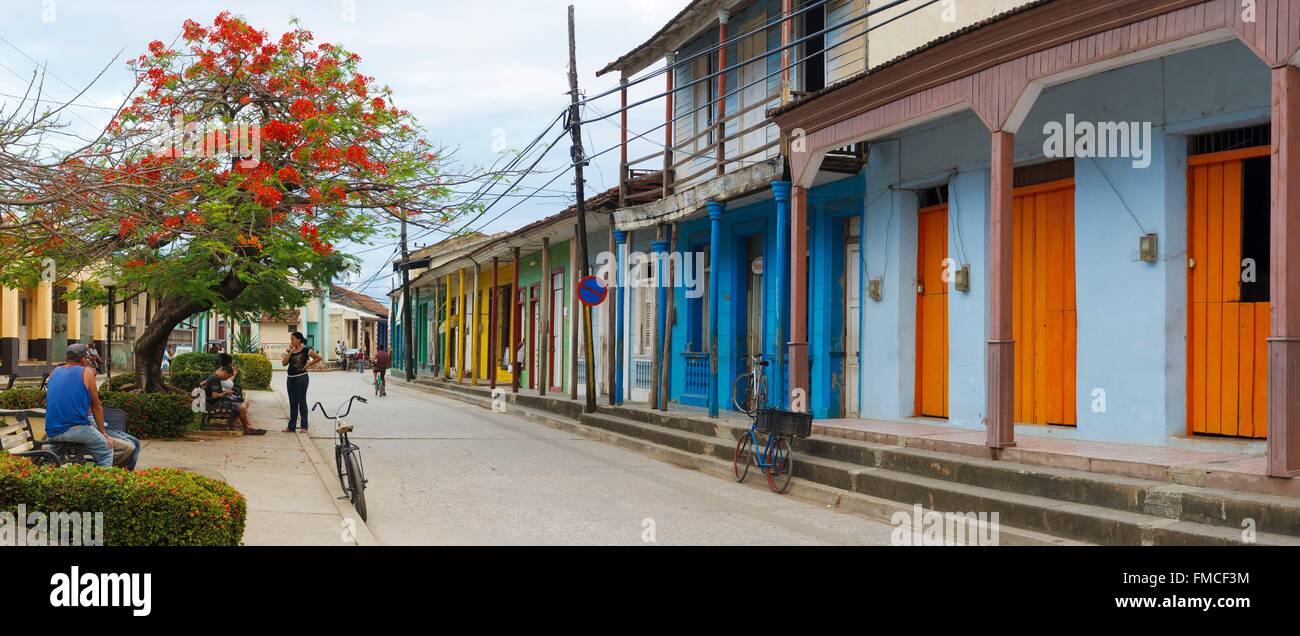 Cuba, Guantanamo, Baracoa, Panorama of a street with colorful facades Stock Photo