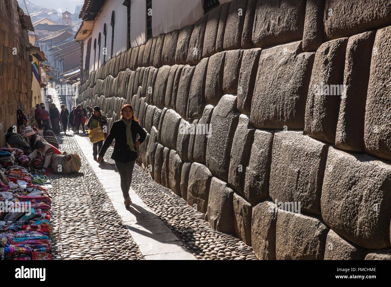 Peru, Cusco Province, Cusco, listed as World Heritage by UNESCO, Hatun Rumiyoc paved street lined with Inca walls with Stock Photo