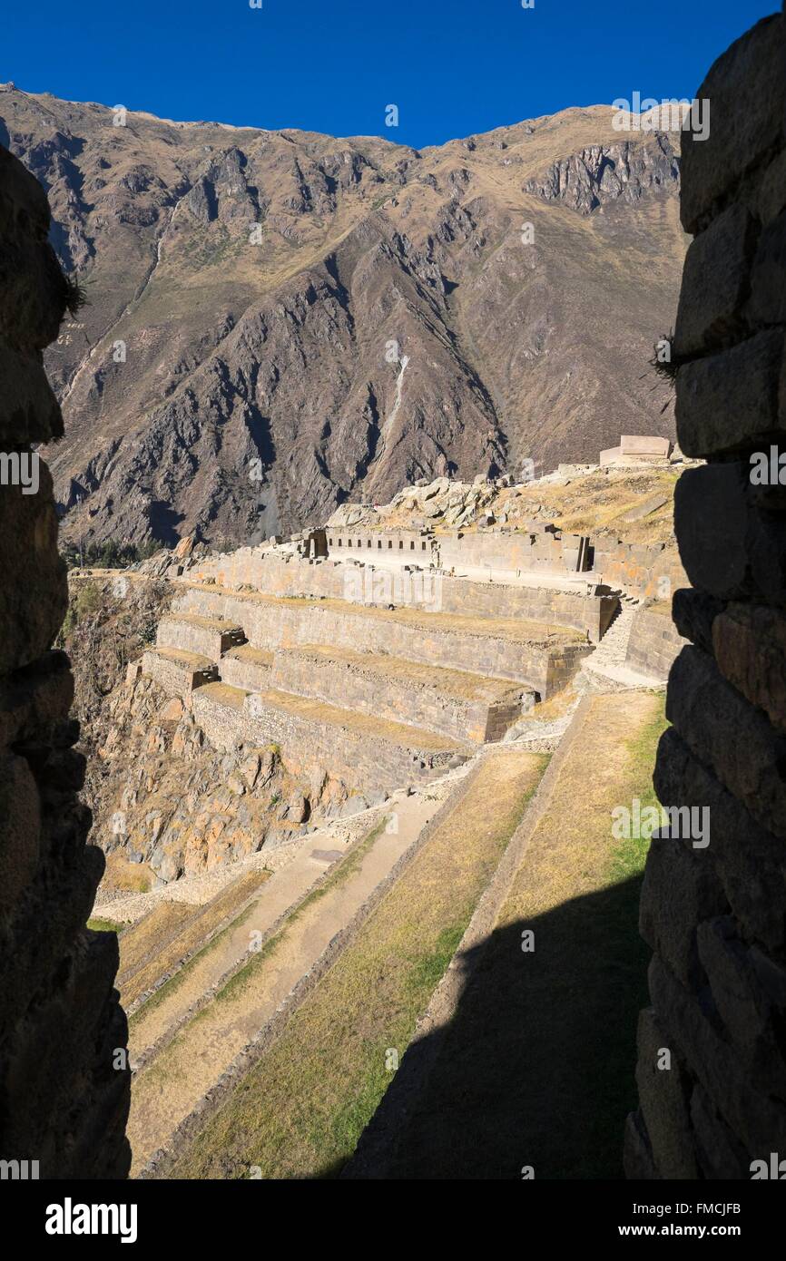 Peru, Cusco Province, Incas Sacred Valley, Ollantaytambo, ruins of the inca fortress Stock Photo