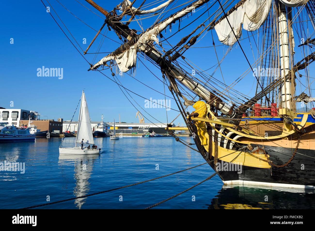 France, Finistere, Brest port, L'Hermione frigate, replica of the three masts which brought the marquis de Lafayette to America Stock Photo