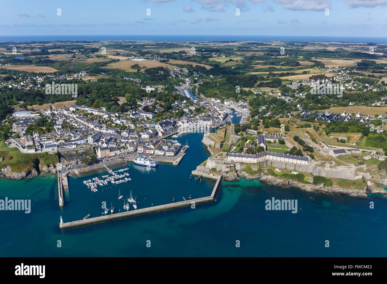 France, Morbihan, Belle Ile, Le Palais, the town, the habour and the Citadel (aerial view) Stock Photo