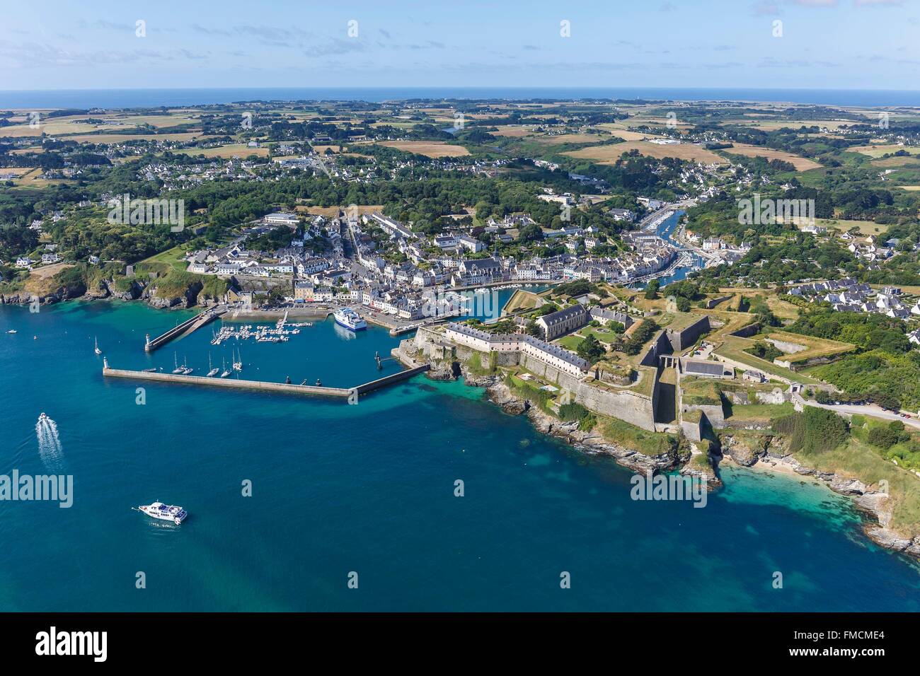 France, Morbihan, Belle Ile, Le Palais, the town, the habour and the Citadel (aerial view) Stock Photo