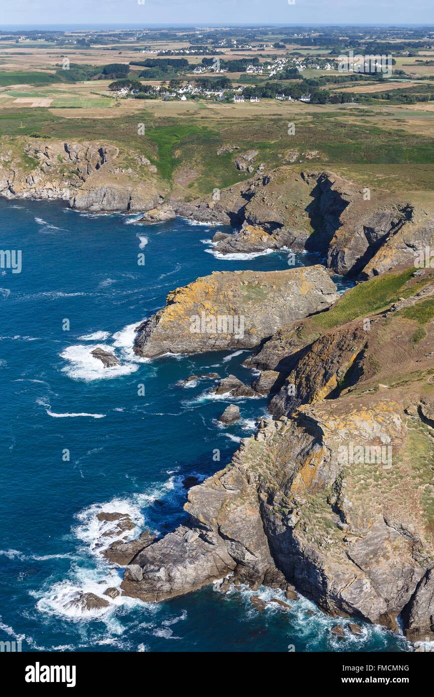 France, Morbihan, Belle Ile, Locmaria, rocky coast (aerial view) Stock Photo
