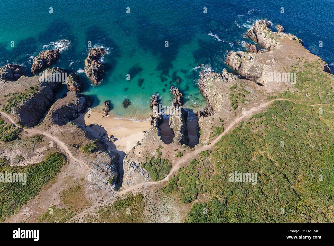 France, Morbihan, Ile d'Houat, beaches and the south rocky coast (aerial view) Stock Photo