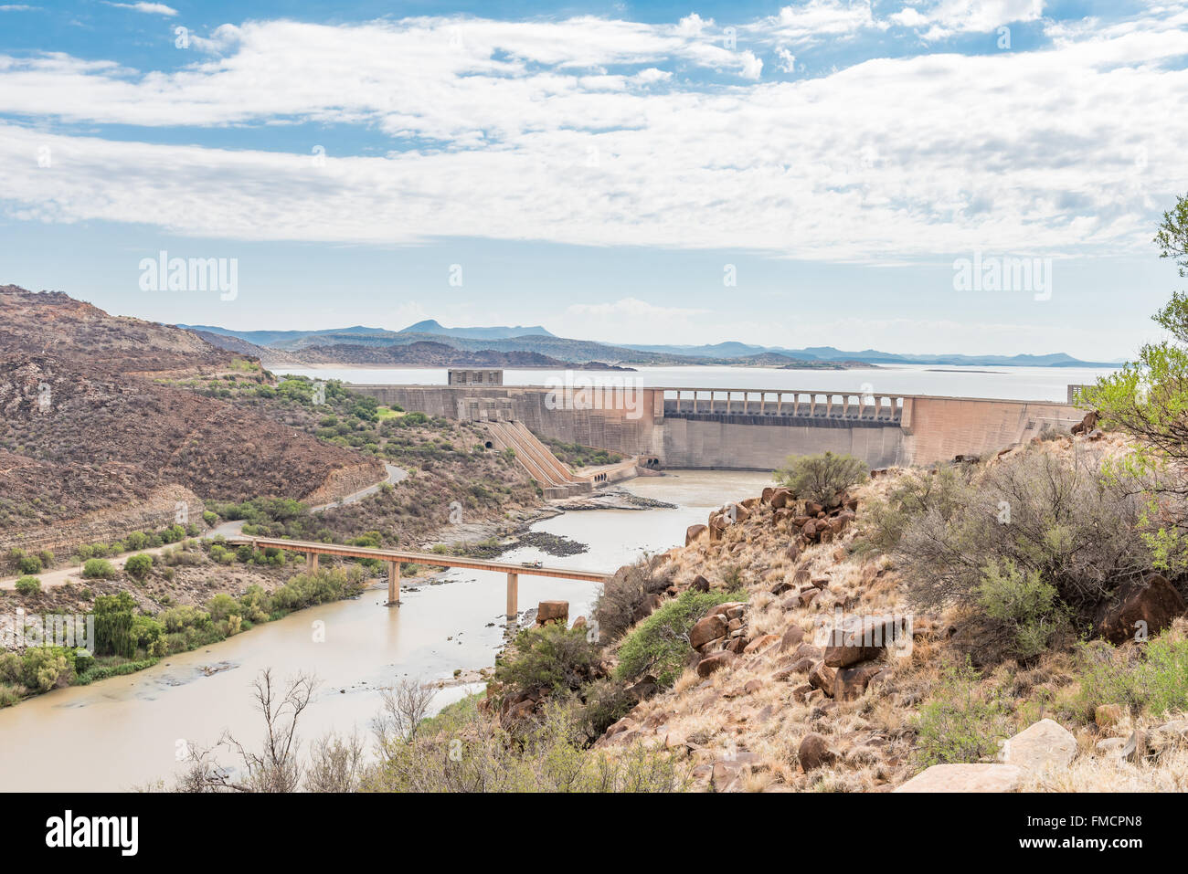 The wall of the Gariep Dam on the border of in the Free State and Eastern Cape Provinces. It is the largest dam in South Africa. Stock Photo