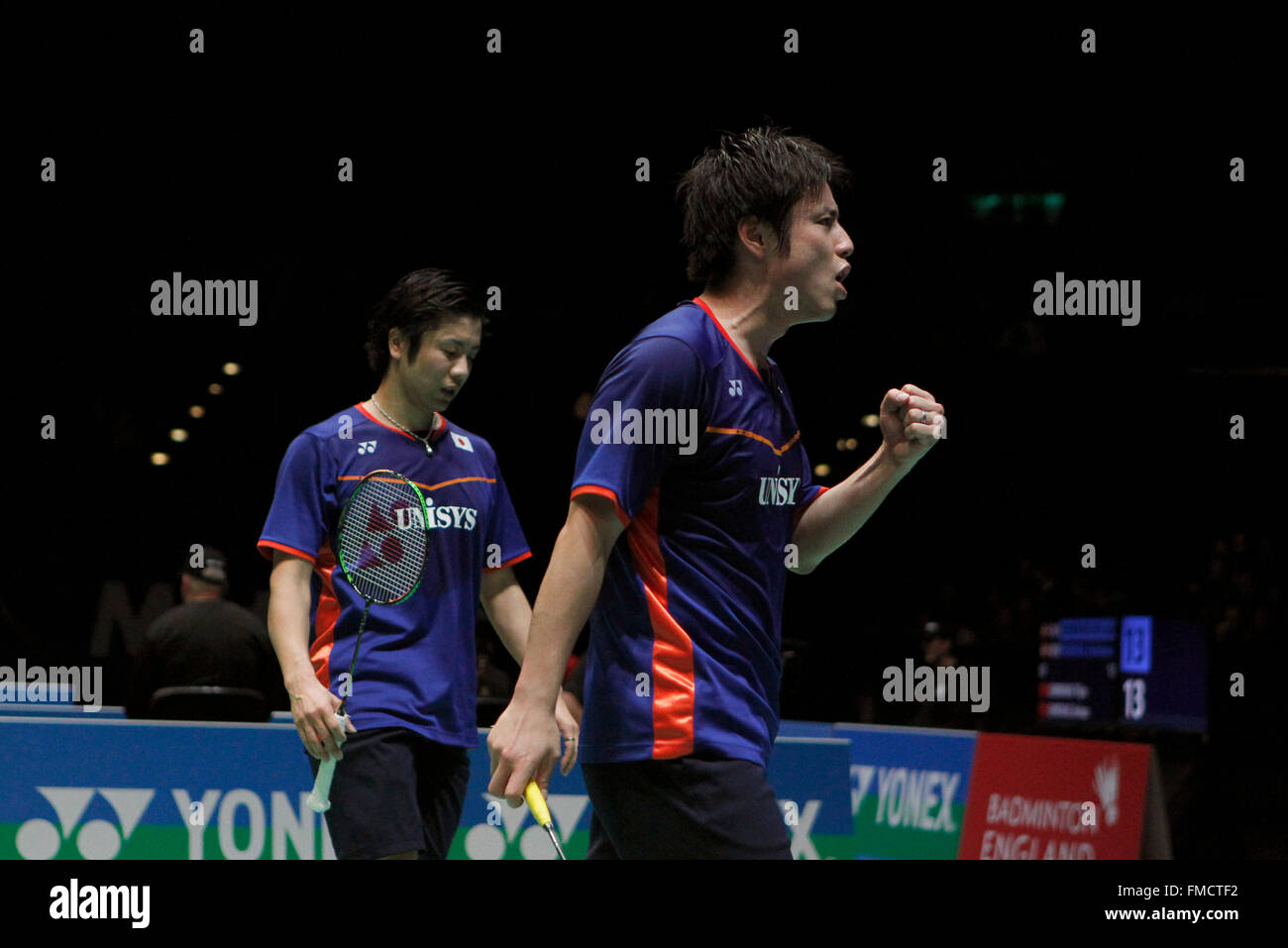 Birmingham. 11th Mar, 2016. Hiroyuki Endo/Kenichi Hayakawa (R) of Japan compete during the men's