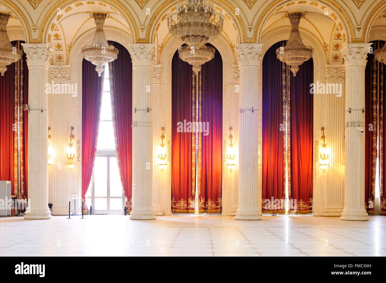 Romania, Muntenia, Bucharest, the Parliament Palace which is the former palace of Ceausescu, ball room Stock Photo