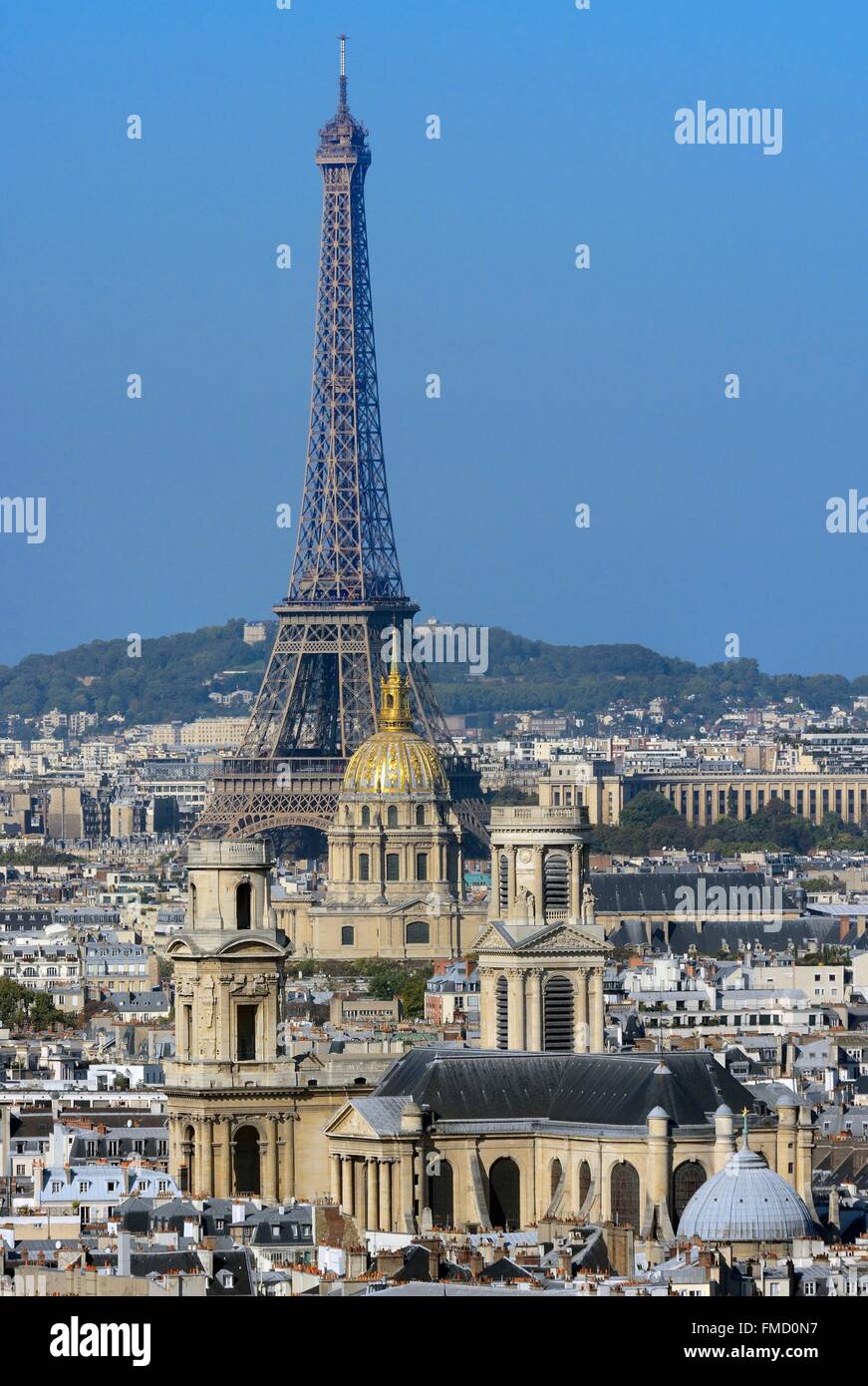 France, Paris, Saint Sulpice church, the dome of the Invalides and the Eiffel Tower Stock Photo