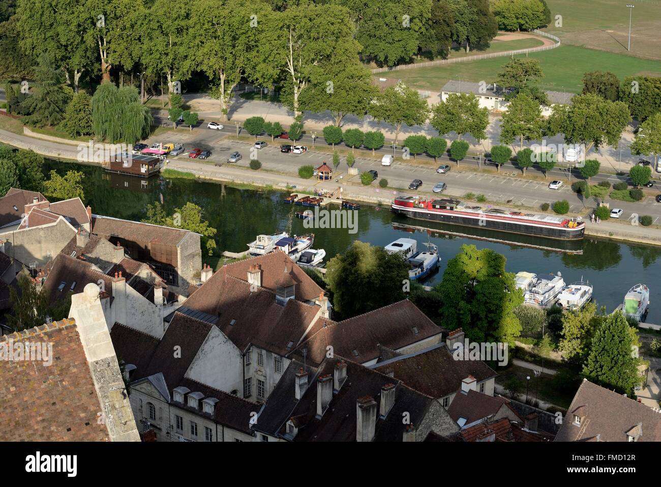 France, Jura, Dole, Notre Dame collegiate church dated 16th century, from the top of the bell tower, Rhone Rhin channel, river Stock Photo