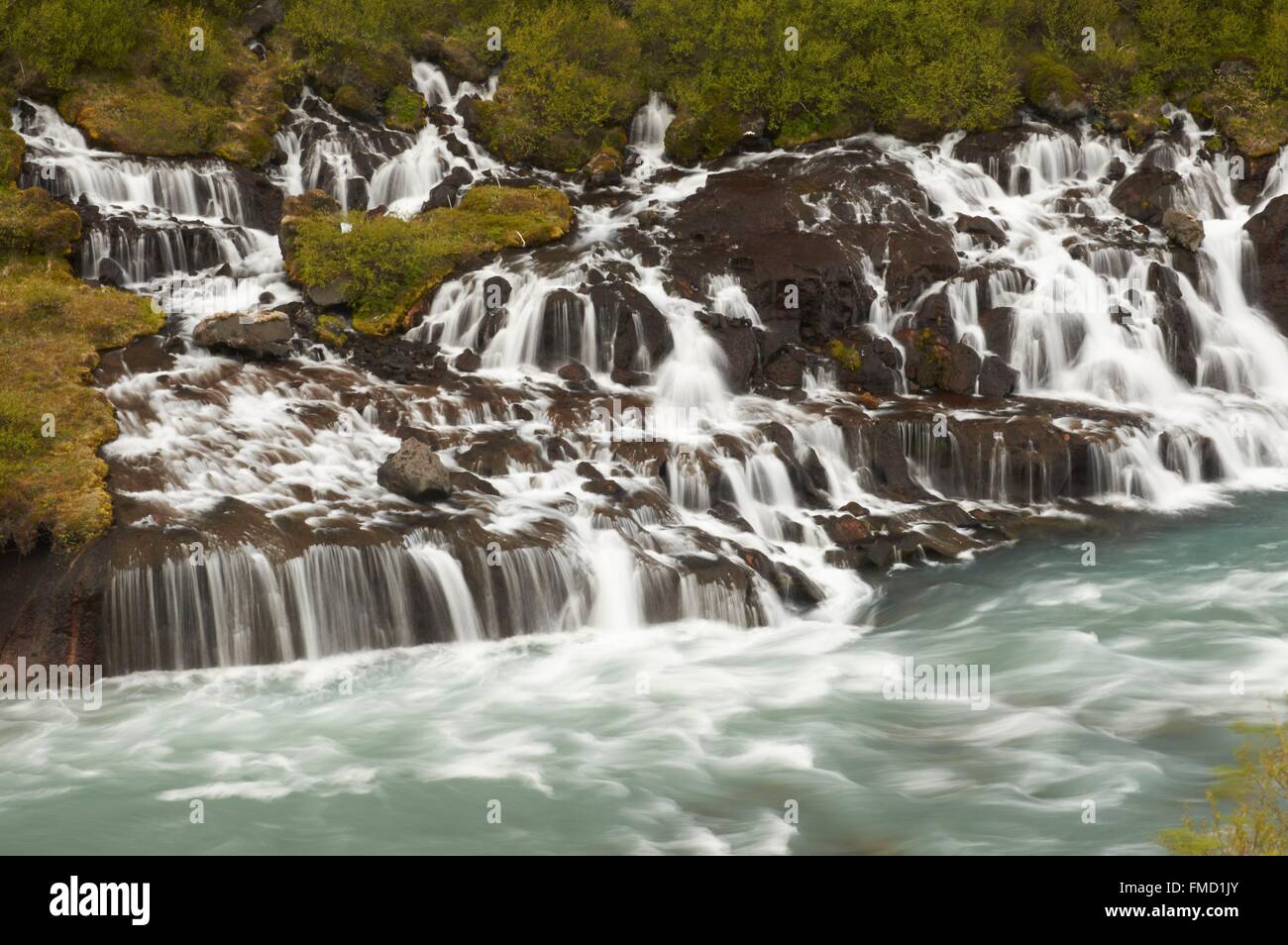 Iceland, West Iceland, cascades and waterfalls Hraunfossar and Barnafoss Stock Photo