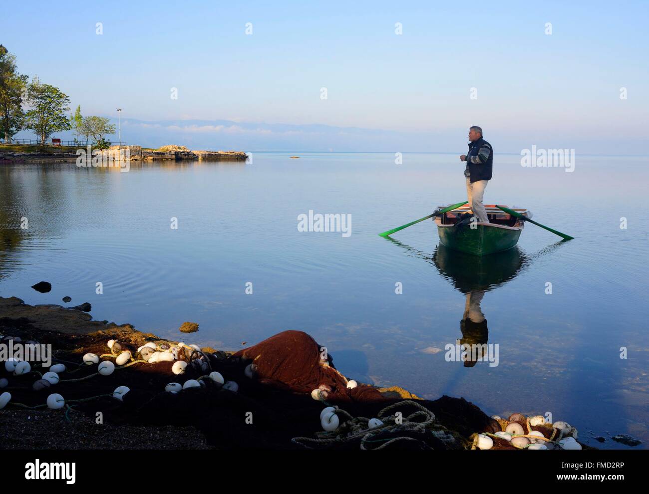 Turkey, Marmara region, Iznik, fisherman on the sunset on the lake of Iznik Stock Photo