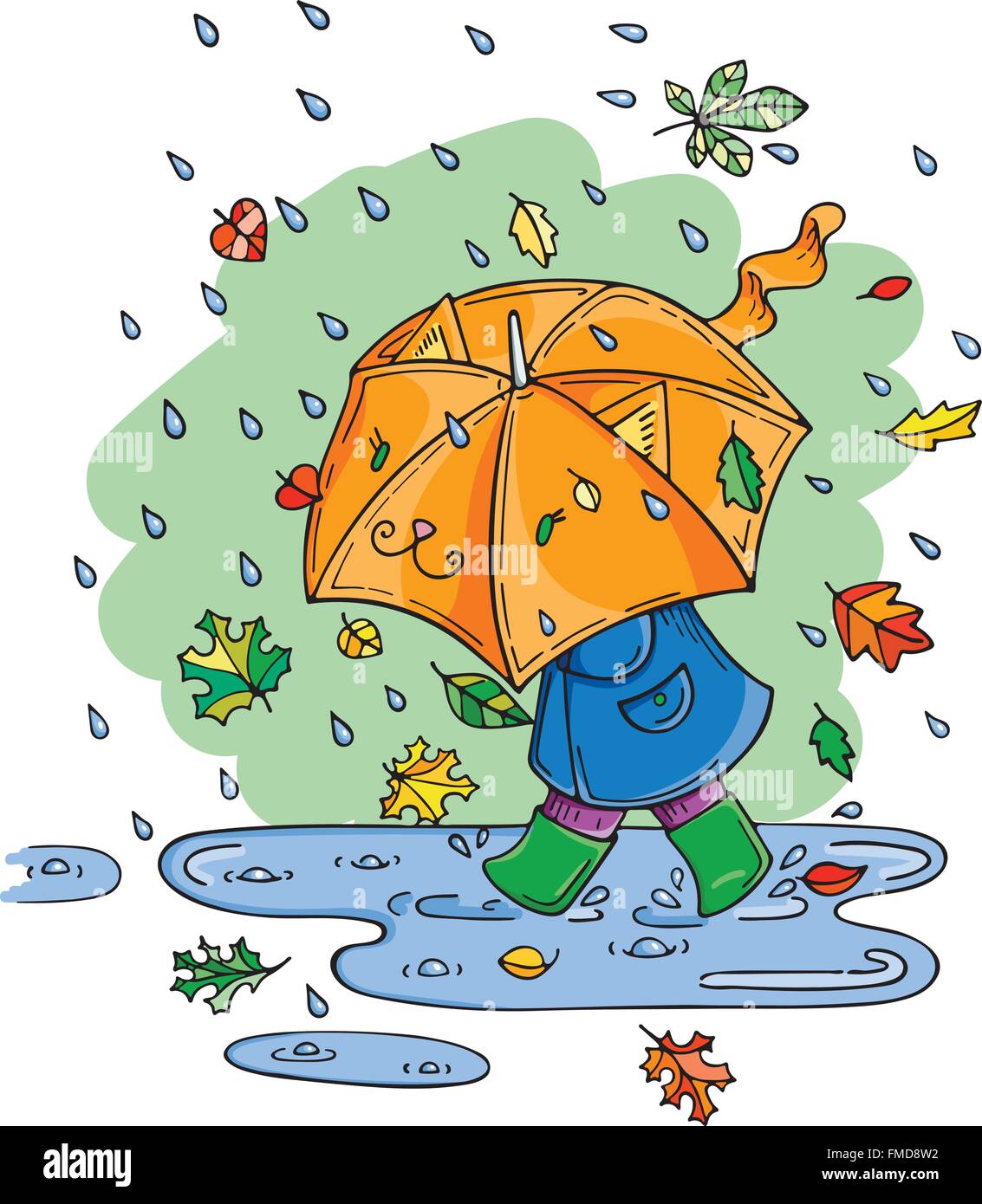 Vector illustration of cute kid with umbrella in rainy season ...