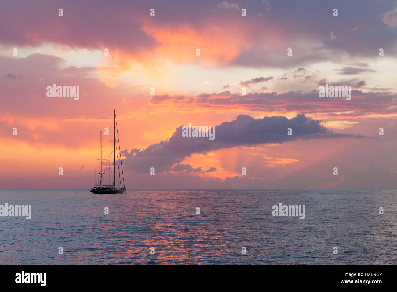 Sailboat at sunset off Tenerife, Canary Islands, Spain Stock Photo