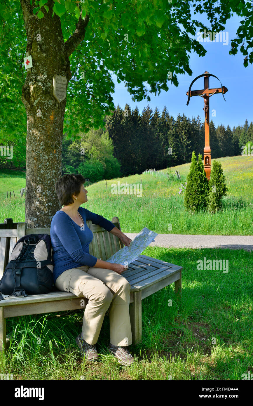 Woman sitting on bench under a tree, roadside cross near Ölmühle in Rotenbachtal valley, near Ellwangen, Baden-Württemberg Stock Photo