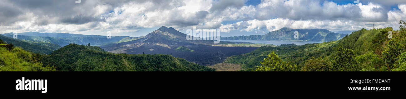 Gunung Agung volcano, Tulamben, panoramic view, clouds and jungle, Tembuku, Bali, Indonesia Stock Photo