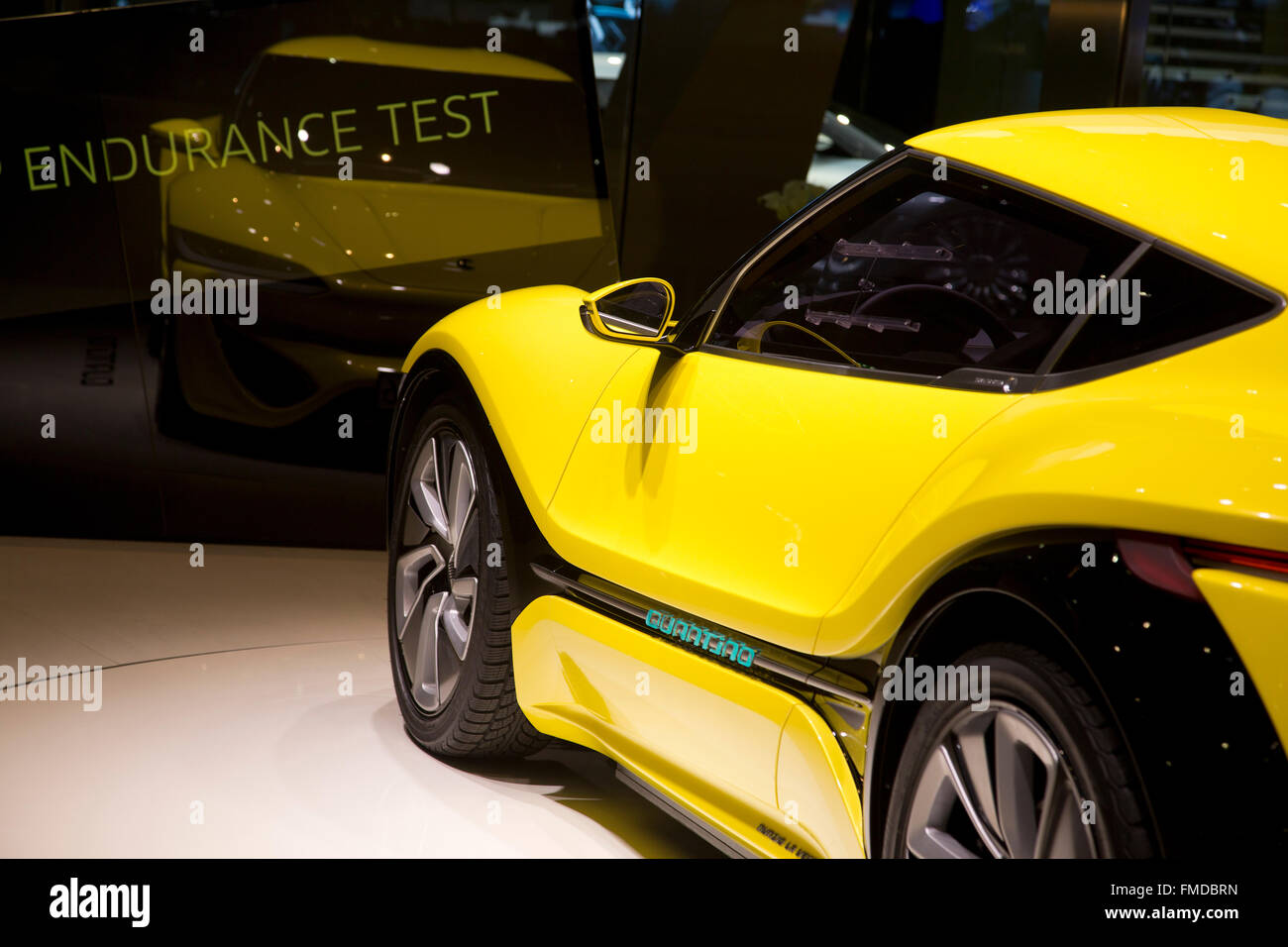 NanoFlowcell QUANTiNO electric flow cell car at the Geneva Motor Show 2016 Stock Photo