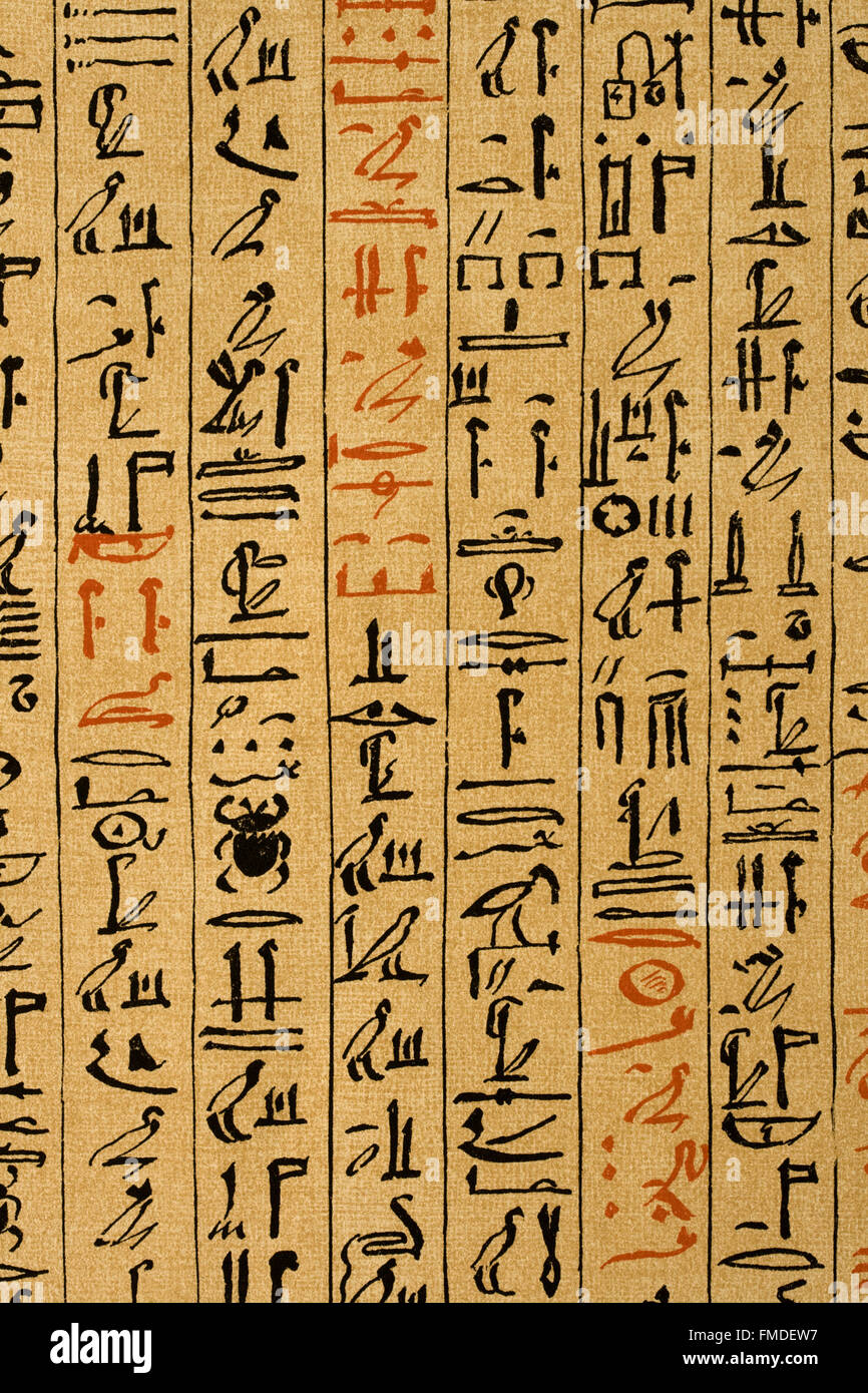 Lithograph of Egyptian hieroglyphs on papyrus Stock Photo