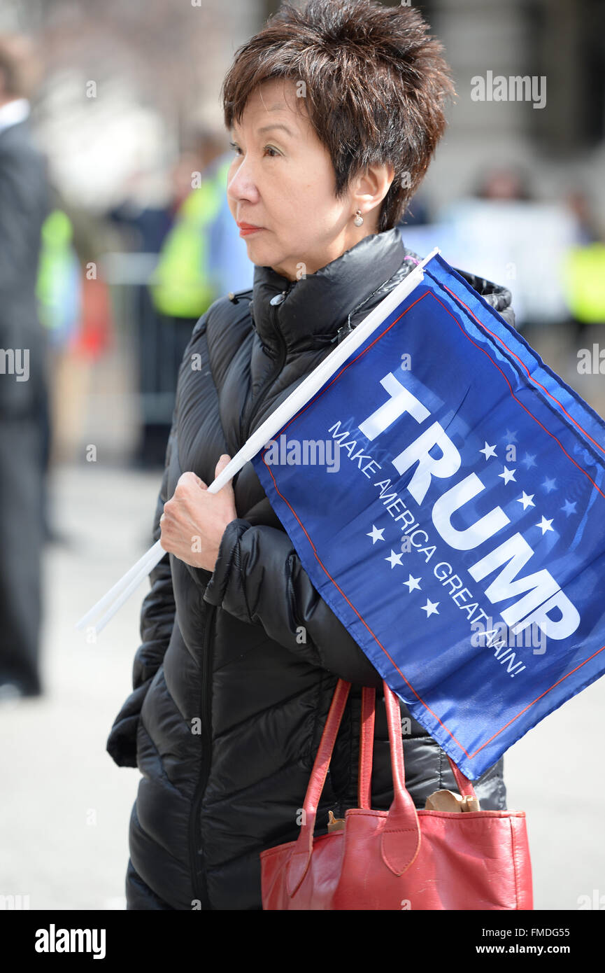 Saint Louis, Missouri, USA. 11th Mar, 2016. Donald Trump supporter holds sign outside the Peabody Opera House in Downtown Saint Louis Credit:  Gino's Premium Images/Alamy Live News Stock Photo