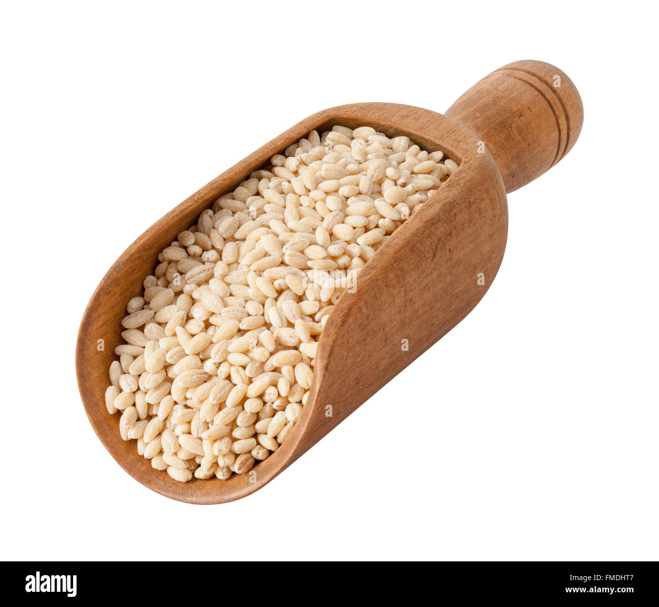 Uncooked Natural Pearled Barley in a Wood Scoop. The image is a cut out, isolated on a white background. Stock Photo