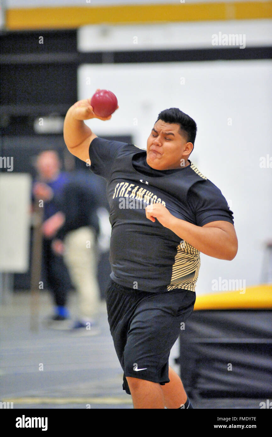 A high school athlete straining in throwing the shot put during an indoor track meet. USA. Stock Photo