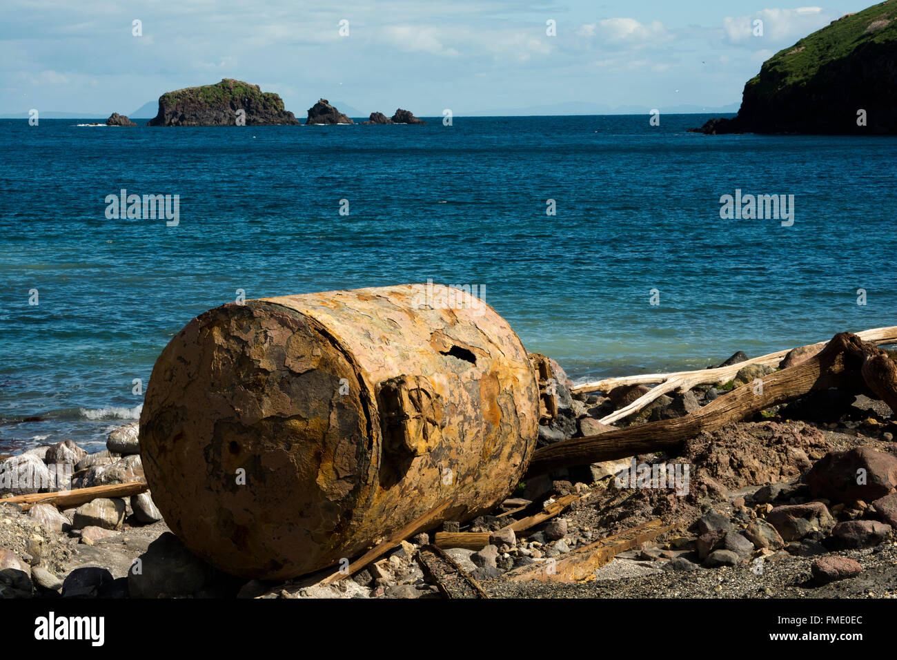 Sulfur mining relict on the active volcano White Island off the coast